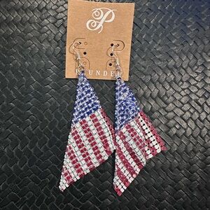 Plunder Red White Blue Rhinestone Flag Dangle Earrings